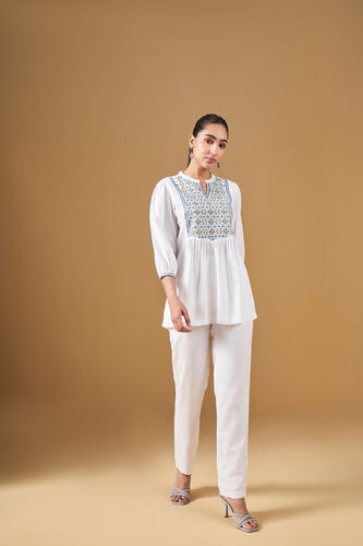 Geometric Embroidery Casual Top, White, image 5